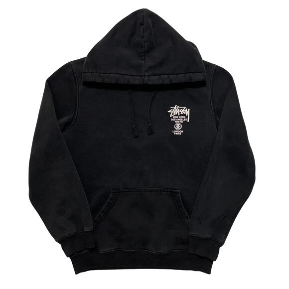 VTG Y2K 00's Stussy World Tour Graphic Black Pullover Hoodie SZ XL - Picture 1 of 3